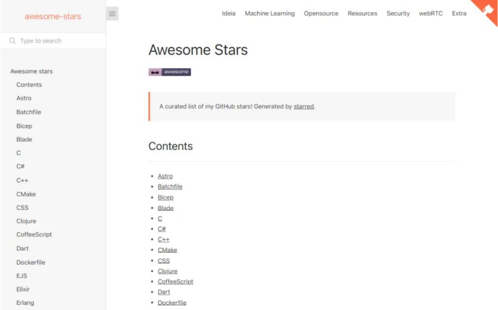 Screenshot do site Docsify Awesome Stars