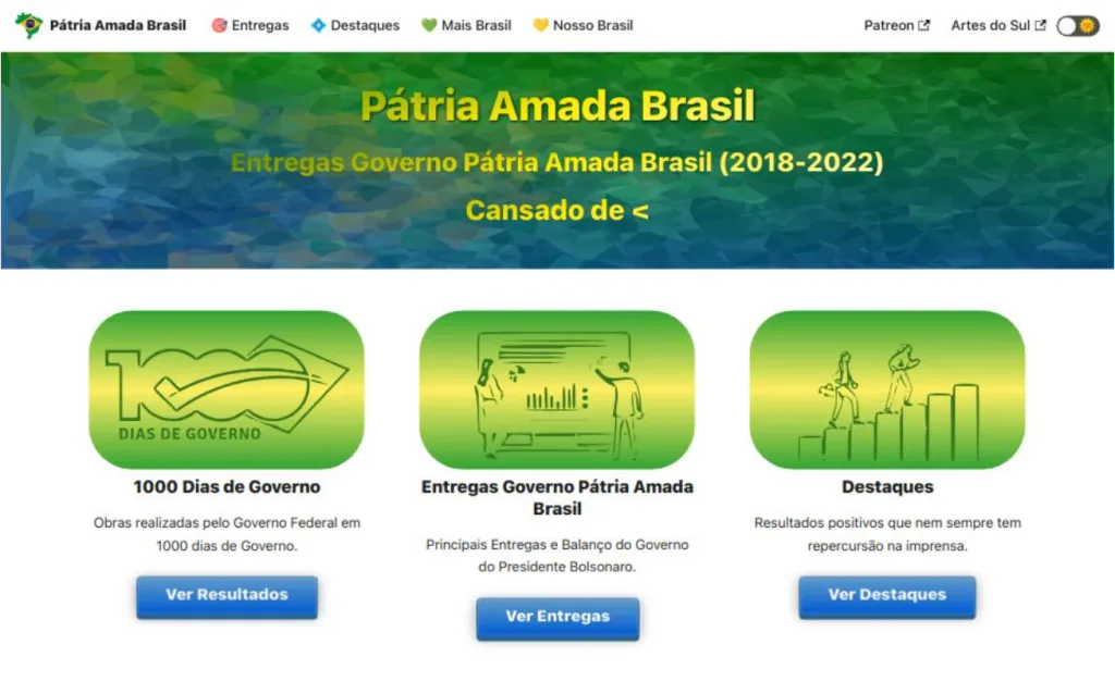 Screenshot do site Pátria Amada Brasil